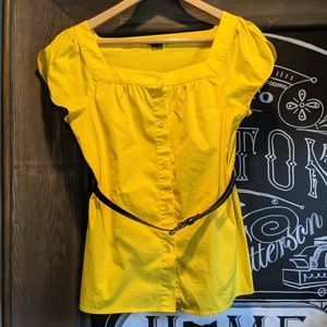 Yellow belted button-up w/capped sleeves; Theory